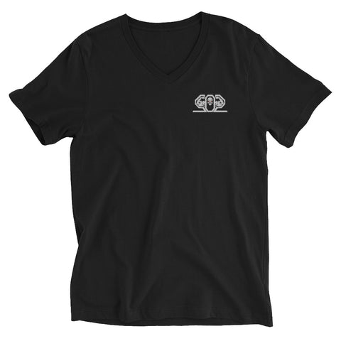 502BB Unisex Short Sleeve Embroidered Black V-Neck T-Shirt Large Print on Back